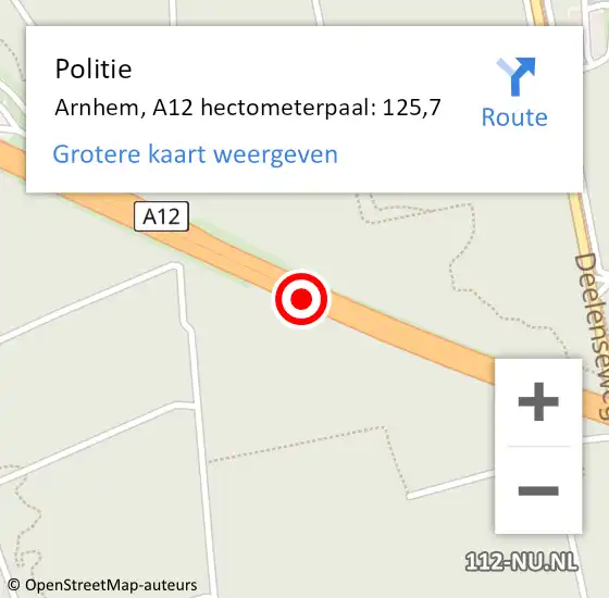 Locatie op kaart van de 112 melding: Politie Arnhem, A12 hectometerpaal: 125,7 op 18 maart 2024 21:10