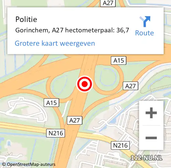 Locatie op kaart van de 112 melding: Politie Gorinchem, A27 hectometerpaal: 36,7 op 19 maart 2024 07:59