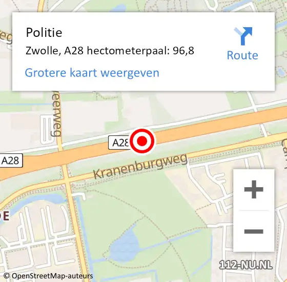 Locatie op kaart van de 112 melding: Politie Zwolle, A28 hectometerpaal: 96,8 op 19 maart 2024 11:19