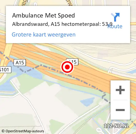 Locatie op kaart van de 112 melding: Ambulance Met Spoed Naar Albrandswaard, A15 hectometerpaal: 53,9 op 19 maart 2024 11:38