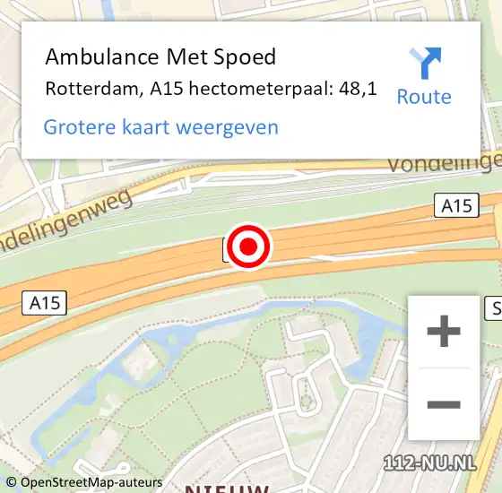 Locatie op kaart van de 112 melding: Ambulance Met Spoed Naar Rotterdam, A15 hectometerpaal: 48,1 op 19 maart 2024 12:02