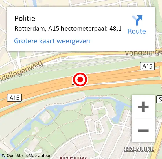 Locatie op kaart van de 112 melding: Politie Rotterdam, A15 hectometerpaal: 48,1 op 19 maart 2024 12:04