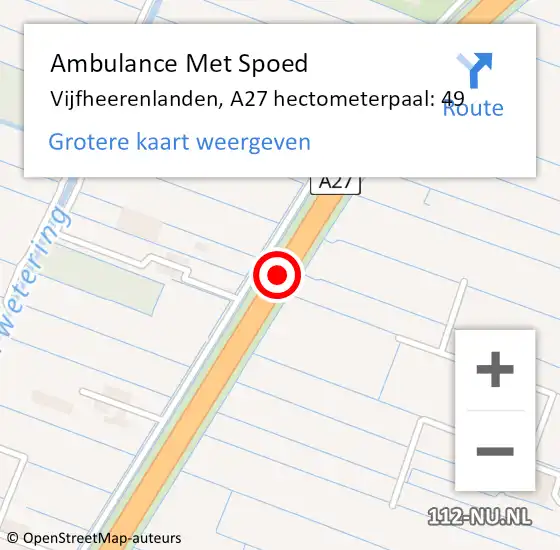 Locatie op kaart van de 112 melding: Ambulance Met Spoed Naar Vijfheerenlanden, A27 hectometerpaal: 49 op 19 maart 2024 15:56