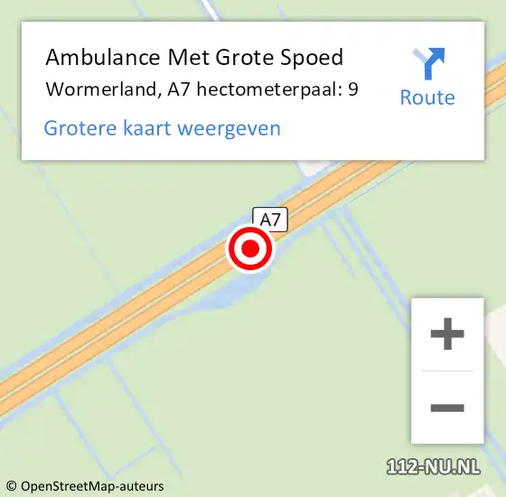 Locatie op kaart van de 112 melding: Ambulance Met Grote Spoed Naar Wormerland, A7 hectometerpaal: 9 op 19 maart 2024 16:05