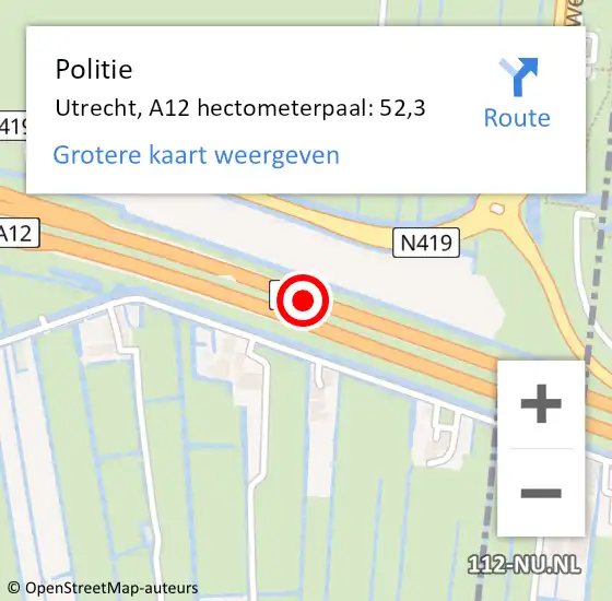Locatie op kaart van de 112 melding: Politie Utrecht, A12 hectometerpaal: 52,3 op 19 maart 2024 16:05