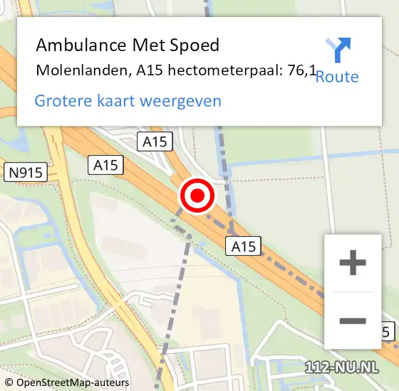 Locatie op kaart van de 112 melding: Ambulance Met Spoed Naar Molenlanden, A15 hectometerpaal: 76,1 op 19 maart 2024 16:06