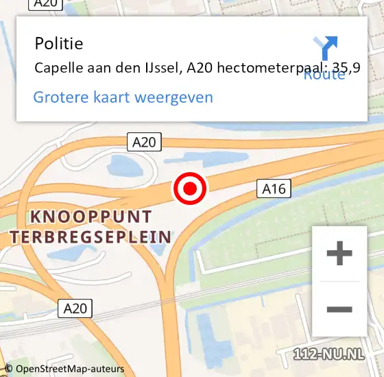 Locatie op kaart van de 112 melding: Politie Capelle aan den IJssel, A20 hectometerpaal: 35,9 op 19 maart 2024 16:32