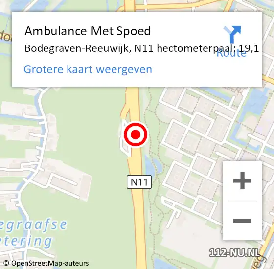 Locatie op kaart van de 112 melding: Ambulance Met Spoed Naar Bodegraven-Reeuwijk, N11 hectometerpaal: 19,1 op 19 maart 2024 16:37