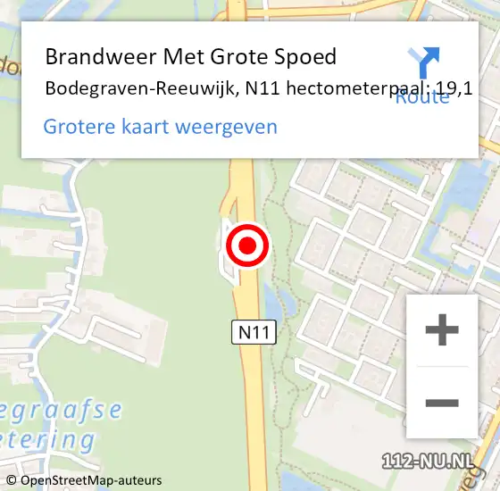 Locatie op kaart van de 112 melding: Brandweer Met Grote Spoed Naar Bodegraven-Reeuwijk, N11 hectometerpaal: 19,1 op 19 maart 2024 16:41