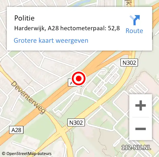 Locatie op kaart van de 112 melding: Politie Harderwijk, A28 hectometerpaal: 52,8 op 19 maart 2024 16:44