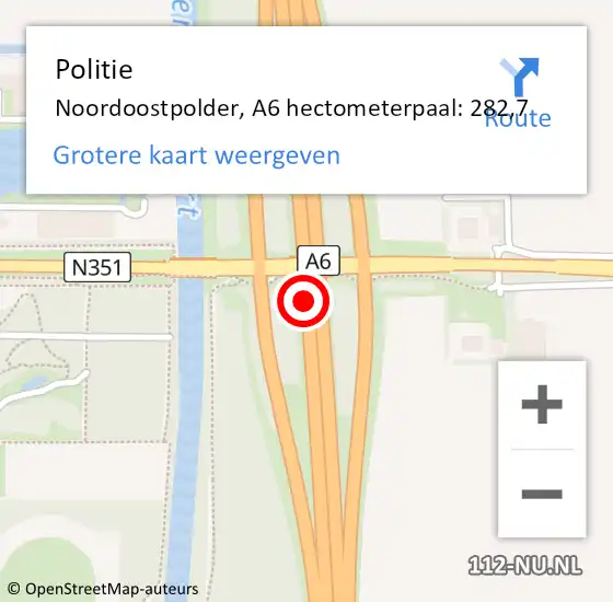 Locatie op kaart van de 112 melding: Politie Noordoostpolder, A6 hectometerpaal: 282,7 op 19 maart 2024 17:16