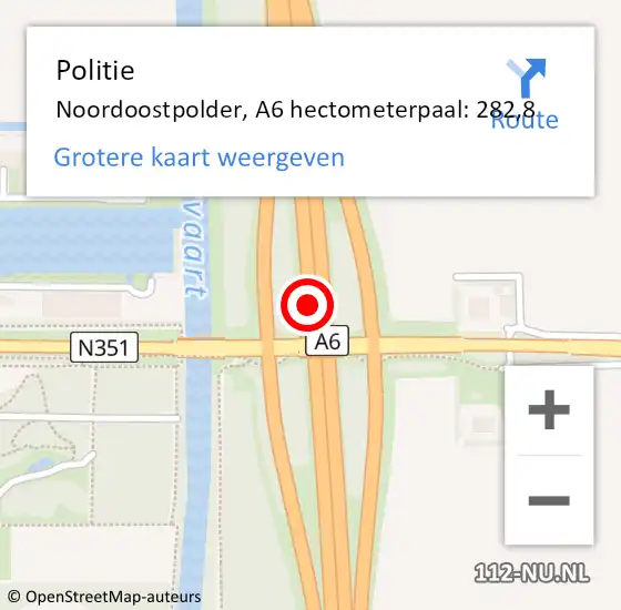 Locatie op kaart van de 112 melding: Politie Noordoostpolder, A6 hectometerpaal: 282,8 op 19 maart 2024 17:17