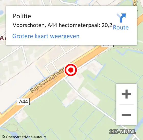 Locatie op kaart van de 112 melding: Politie Voorschoten, A44 hectometerpaal: 20,2 op 19 maart 2024 17:46