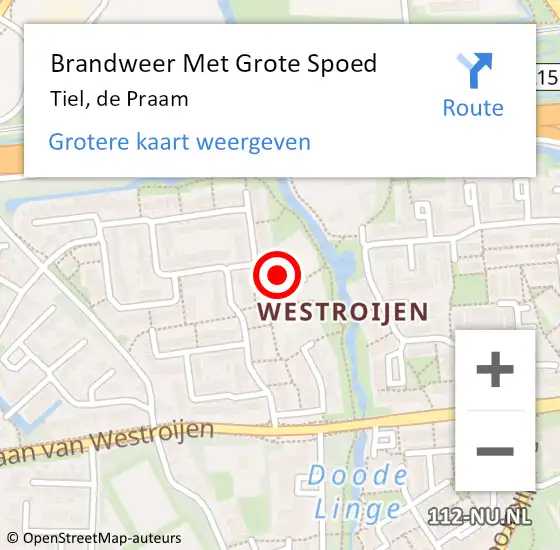 Locatie op kaart van de 112 melding: Brandweer Met Grote Spoed Naar Tiel, de Praam op 19 maart 2024 22:14