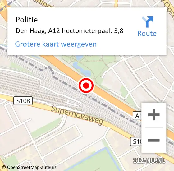 Locatie op kaart van de 112 melding: Politie Den Haag, A12 hectometerpaal: 3,8 op 19 maart 2024 22:51