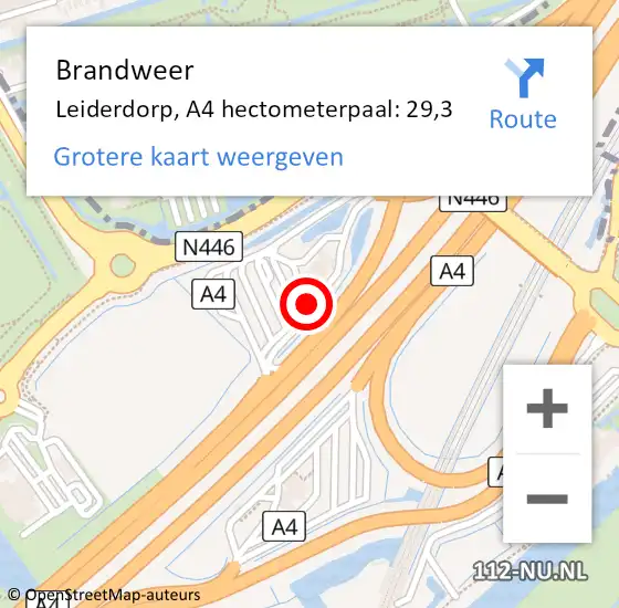 Locatie op kaart van de 112 melding: Brandweer Leiderdorp, A4 hectometerpaal: 29,3 op 20 maart 2024 00:17