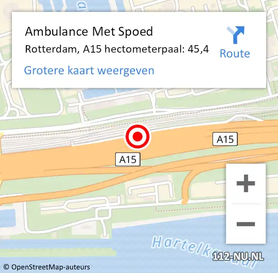 Locatie op kaart van de 112 melding: Ambulance Met Spoed Naar Rotterdam, A15 hectometerpaal: 45,4 op 20 maart 2024 07:18