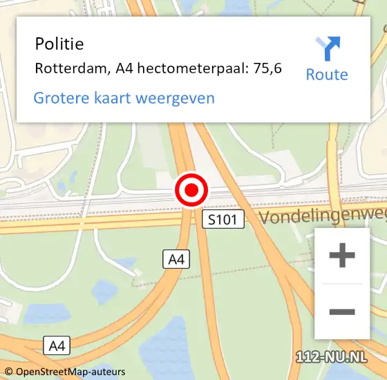 Locatie op kaart van de 112 melding: Politie Rotterdam, A4 hectometerpaal: 75,6 op 20 maart 2024 07:32