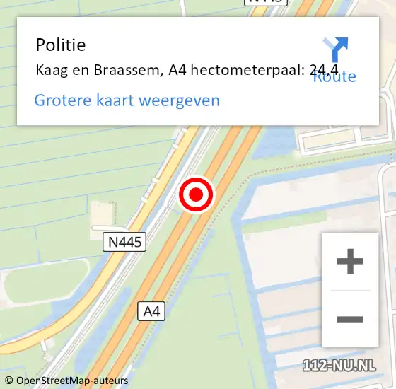 Locatie op kaart van de 112 melding: Politie Kaag en Braassem, A4 hectometerpaal: 24,4 op 20 maart 2024 14:37
