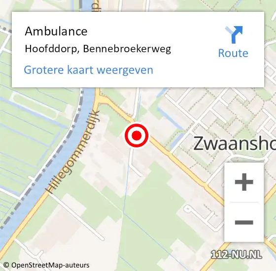 Locatie op kaart van de 112 melding: Ambulance Hoofddorp, Bennebroekerweg op 20 maart 2024 15:11