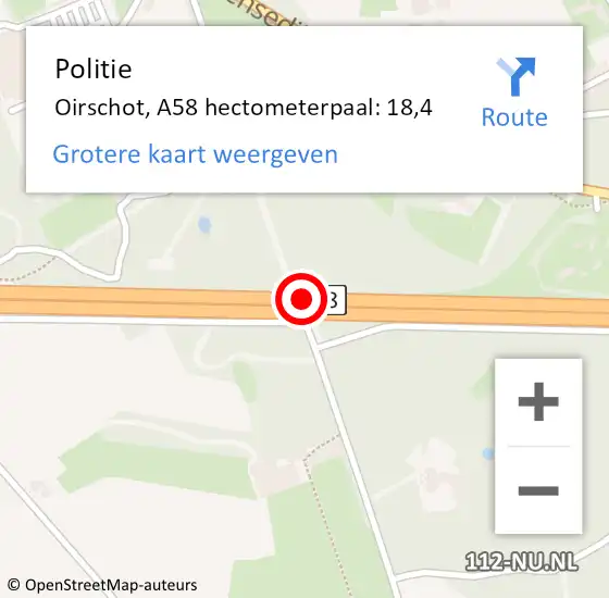 Locatie op kaart van de 112 melding: Politie Oirschot, A58 hectometerpaal: 18,4 op 20 maart 2024 16:03