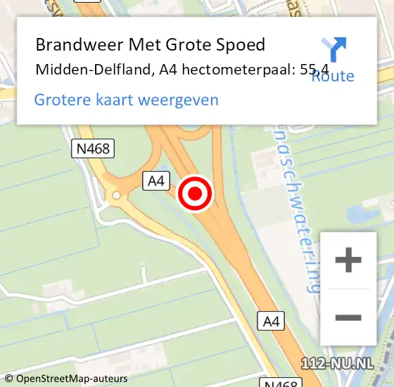 Locatie op kaart van de 112 melding: Brandweer Met Grote Spoed Naar Midden-Delfland, A4 hectometerpaal: 55,4 op 20 maart 2024 17:14