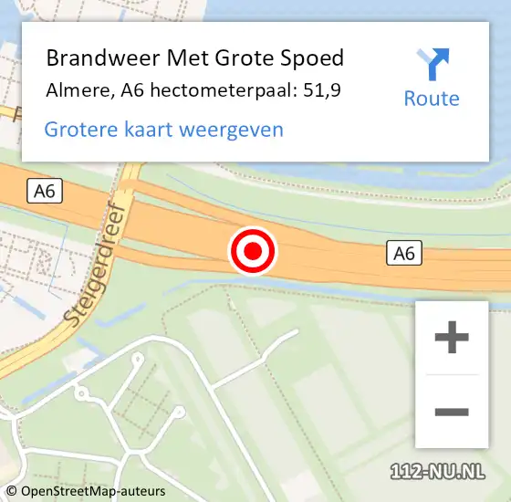 Locatie op kaart van de 112 melding: Brandweer Met Grote Spoed Naar Almere, A6 hectometerpaal: 51,9 op 20 maart 2024 18:13