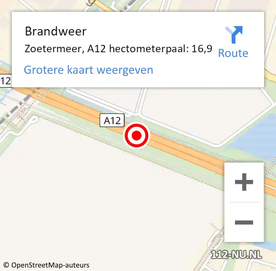 Locatie op kaart van de 112 melding: Brandweer Zoetermeer, A12 hectometerpaal: 16,9 op 21 maart 2024 06:25
