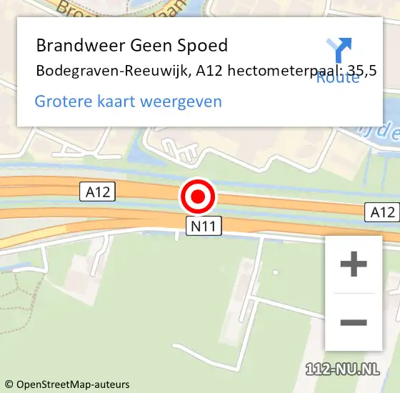 Locatie op kaart van de 112 melding: Brandweer Geen Spoed Naar Bodegraven-Reeuwijk, A12 hectometerpaal: 35,5 op 21 maart 2024 06:41
