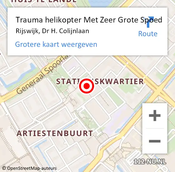 Locatie op kaart van de 112 melding: Trauma helikopter Met Zeer Grote Spoed Naar Rijswijk, Dr H. Colijnlaan op 21 maart 2024 06:51
