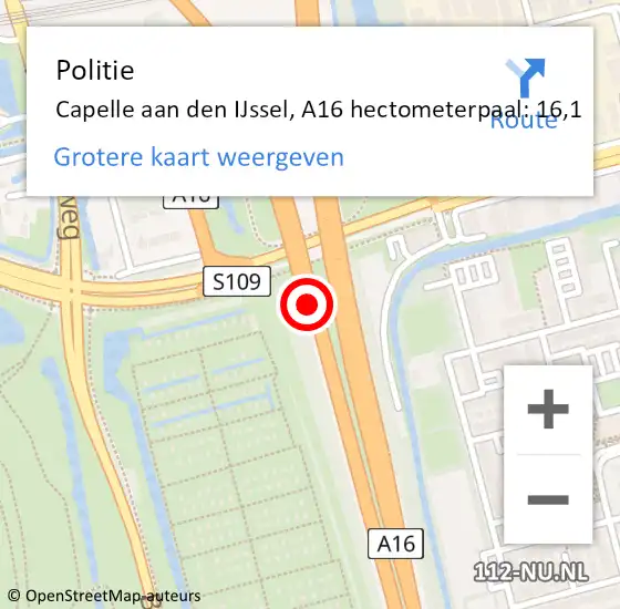 Locatie op kaart van de 112 melding: Politie Capelle aan den IJssel, A16 hectometerpaal: 16,1 op 21 maart 2024 08:18
