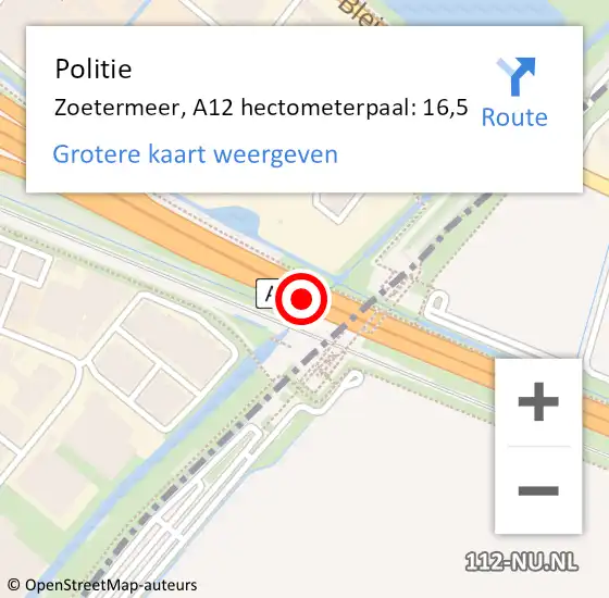 Locatie op kaart van de 112 melding: Politie Zoetermeer, A12 hectometerpaal: 16,5 op 21 maart 2024 10:13
