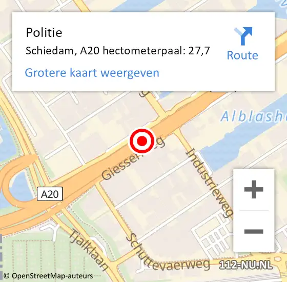 Locatie op kaart van de 112 melding: Politie Schiedam, A20 hectometerpaal: 27,7 op 21 maart 2024 13:14
