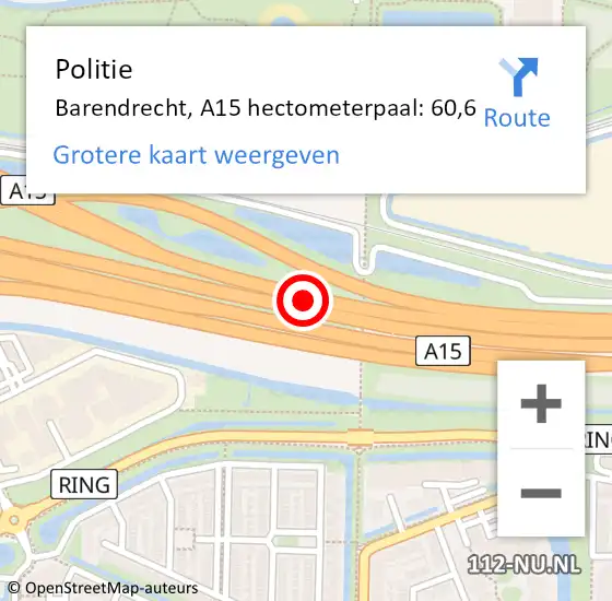 Locatie op kaart van de 112 melding: Politie Barendrecht, A15 hectometerpaal: 60,6 op 21 maart 2024 14:15