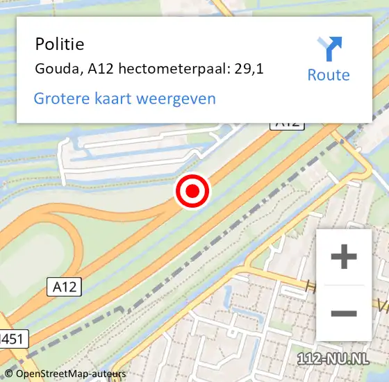 Locatie op kaart van de 112 melding: Politie Gouda, A12 hectometerpaal: 29,1 op 21 maart 2024 14:41