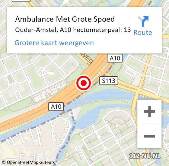 Locatie op kaart van de 112 melding: Ambulance Met Grote Spoed Naar Ouder-Amstel, A10 hectometerpaal: 13 op 21 maart 2024 15:13