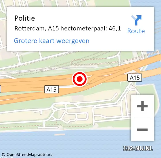 Locatie op kaart van de 112 melding: Politie Rotterdam, A15 hectometerpaal: 46,1 op 21 maart 2024 15:33