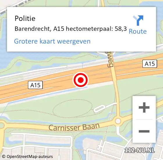 Locatie op kaart van de 112 melding: Politie Barendrecht, A15 hectometerpaal: 58,3 op 21 maart 2024 15:53