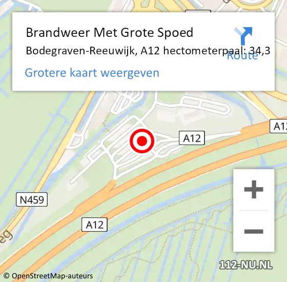 Locatie op kaart van de 112 melding: Brandweer Met Grote Spoed Naar Bodegraven-Reeuwijk, A12 hectometerpaal: 34,3 op 21 maart 2024 16:37