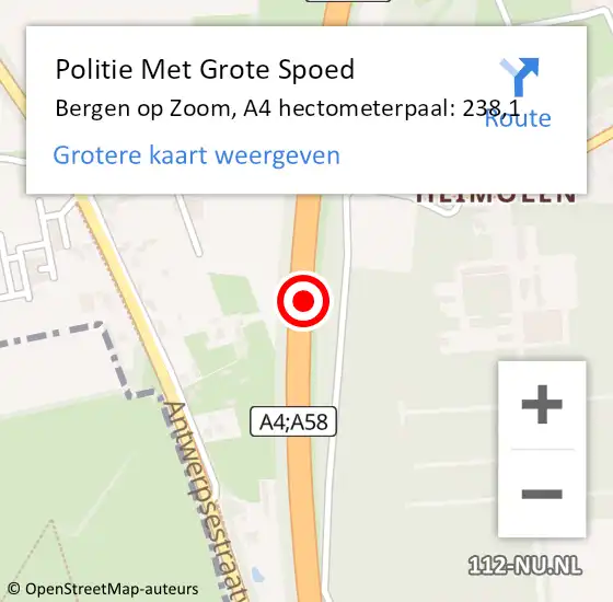 Locatie op kaart van de 112 melding: Politie Met Grote Spoed Naar Bergen op Zoom, A4 hectometerpaal: 238,1 op 21 maart 2024 17:27