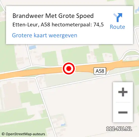 Locatie op kaart van de 112 melding: Brandweer Met Grote Spoed Naar Etten-Leur, A58 hectometerpaal: 74,5 op 21 maart 2024 17:43