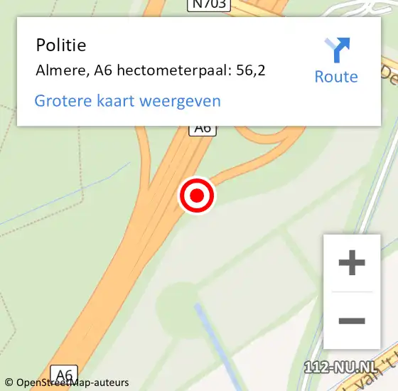 Locatie op kaart van de 112 melding: Politie Almere, A6 hectometerpaal: 56,2 op 21 maart 2024 18:54