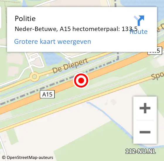 Locatie op kaart van de 112 melding: Politie Neder-Betuwe, A15 hectometerpaal: 133,5 op 21 maart 2024 21:15