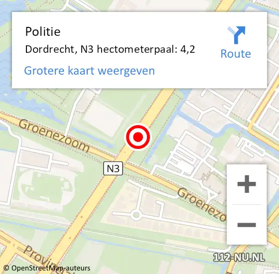 Locatie op kaart van de 112 melding: Politie Dordrecht, N3 hectometerpaal: 4,2 op 21 maart 2024 21:15