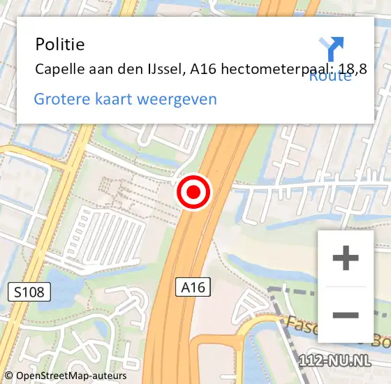 Locatie op kaart van de 112 melding: Politie Capelle aan den IJssel, A16 hectometerpaal: 18,8 op 22 maart 2024 13:45
