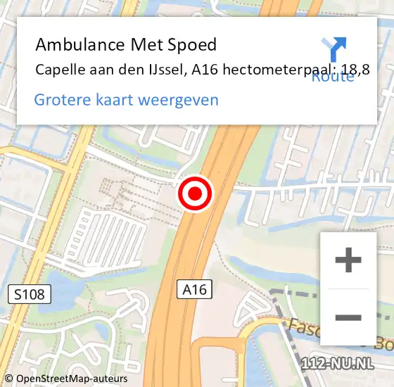 Locatie op kaart van de 112 melding: Ambulance Met Spoed Naar Capelle aan den IJssel, A16 hectometerpaal: 18,8 op 22 maart 2024 13:55