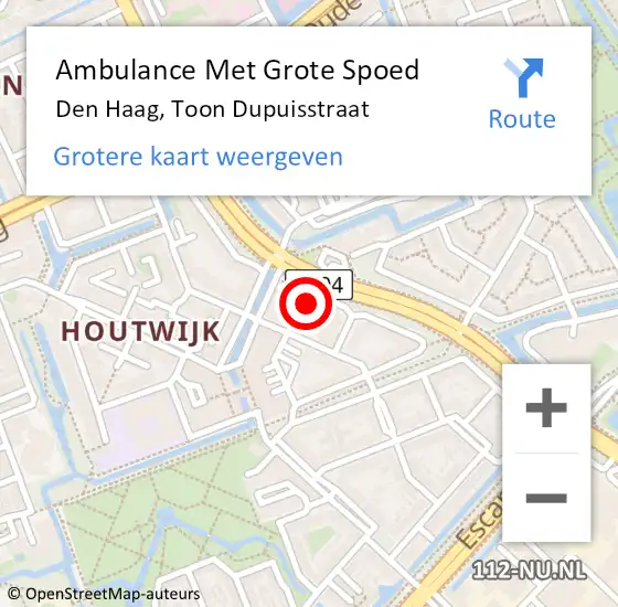 Locatie op kaart van de 112 melding: Ambulance Met Grote Spoed Naar Den Haag, Toon Dupuisstraat op 22 maart 2024 14:11