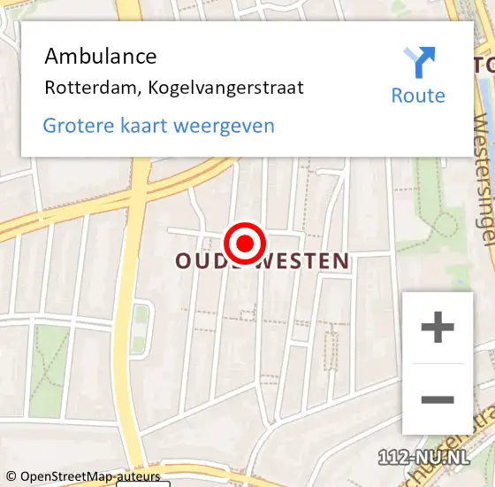 Locatie op kaart van de 112 melding: Ambulance Rotterdam, Kogelvangerstraat op 22 maart 2024 14:14