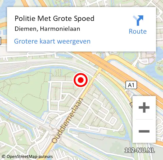 Locatie op kaart van de 112 melding: Politie Met Grote Spoed Naar Diemen, Harmonielaan op 22 maart 2024 15:04