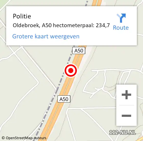 Locatie op kaart van de 112 melding: Politie Oldebroek, A50 hectometerpaal: 234,7 op 22 maart 2024 15:10